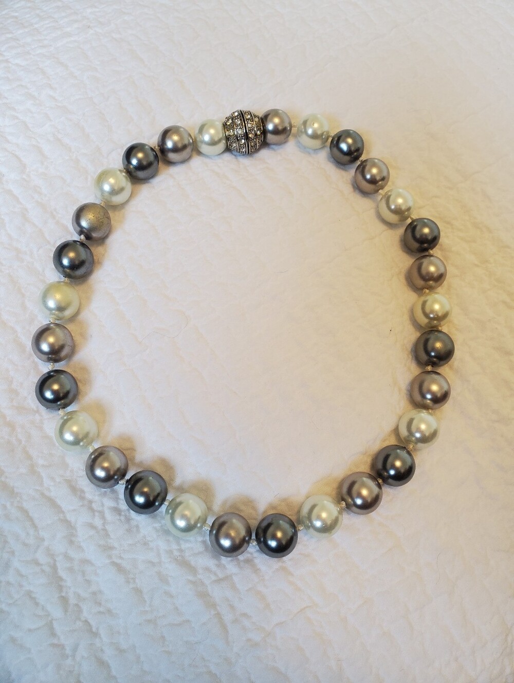 Multi-tone Faux Pearl Necklace with Sparkling Crystal Pave Magnetic Ball Clasp